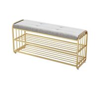 MARIYCH Banc à chaussures en velours, organiseur de rangement moderne à 3 niveaux avec cadre en métal, meubles d'entrée et de chambre à coucher, élégant banc rembourré rose/gris pour couloir et salon