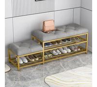 MARIYCH Banc d'entrée moderne en velours avec siège rembourré et rangement à chaussures, organiseur de couloir élégant, cadre en métal, disponible en gris, vert, bleu, parfait pour la décoration