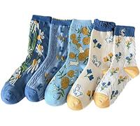 MarJunSep Jolies chaussettes à motif floral pour femmes, adolescentes, filles, fleurs Cottagecore à volants, chaussettes vintage fantaisie en coton, Lot de 5 paires E, Medium