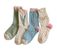 MarJunSep Jolies chaussettes à motif floral pour femmes, adolescentes, filles, fleurs Cottagecore à volants, chaussettes vintage fantaisie en coton, Lot de 4 paires, M