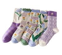 MarJunSep Jolies chaussettes à motif floral pour femmes, adolescentes, filles, fleurs Cottagecore à volants, chaussettes vintage fantaisie en coton, Lot de 5 paires D, Medium