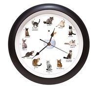 Mark Feldstein & Associates Meowing Horloge murale avec sons de chat, 33 cm, noir, 12 races populaires