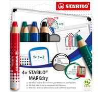 Markdry - Crayon Marqueur - Etui Carton X 4 Crayons Ardoises Et Tabeaux Blancs, Crayon Large À Mine Xxl, Effaçable, Taille-Crayon + Chiffonnette - Coloris Assortis Noir, Bleu, Rouge, Vert