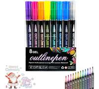 Marker Pen for Highlight, Coloring Lightstick Graffiti Pen, Double Line Contour Pens, Metallic Outline Marker Pens, Outline Markers Self-Outline Metallic Markers (8colors)