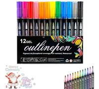Marker Pen for Highlight, Coloring Lightstick Graffiti Pen, Double Line Contour Pens, Metallic Outline Marker Pens, Outline Markers Self-Outline Metallic Markers (12colors)