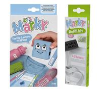 MARKY set de tampons en bleu clair, avec encre noire pour écrire sur différents objets et vêtements, y compris set de recharge 3en1 avec tampon encreur, 40 étiquettes et 1 m de ruban thermique