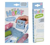 MARKY set de tampons en bleu clair, avec encre noire pour écrire sur différents objets et vêtements, y compris set d'étiquettes thermocollantes, 28 pièces iron-on labels, 7 motifs chacune