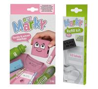 MARKY set de tampons en rose, avec encre noire pour écrire sur différents objets et vêtements, y compris set de recharge 3en1 avec tampon encreur, 40 étiquettes et 1 m de ruban thermique