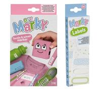 MARKY set de tampons en rose, avec encre noire pour écrire sur différents objets et vêtements, y compris set d'étiquettes thermocollantes, 28 pièces iron-on labels, 7 motifs chacune