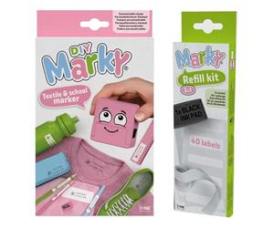 MARKY set de tampons en rose, avec encre noire pour écrire sur différents objets et vêtements, y compris set de recharge 3en1 avec tampon encreur, 40 étiquettes et 1 m de ruban thermique