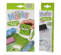 MARKY set de tampons en vert, avec encre noire pour écrire sur différents objets et vêtements, y compris set de recharge 3en1 avec tampon encreur, 40 étiquettes et 1 m de ruban thermique