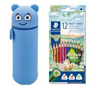 MARKY Trousse à Crayons au Design Emoji en Bleu, Silicone Souple et résistant, INCL. 12 Crayons de Couleur STAEDTLER Noris Colour 187, Format Triangulaire Ergonomique, Made Form Upcycled Wood