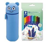 MARKY Trousse à Crayons au Design Emoji en Bleu, Silicone Souple et résistant, y Compris 10 Crayons-feutres STAEDTLER triplus Color 323, Triangulaire, Pointe indélébile, env. 1 mm, 97% recyclé
