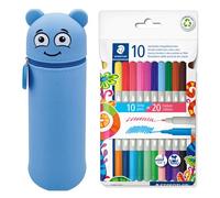 MARKY Trousse à Crayons au Design Emoji en Bleu, Silicone Souple et résistant, y Compris 10 feutres Doubles STAEDTLER Twin Color, Deux Pointes avec Deux Couleurs, Largeur de Ligne 3 mm et 1 mm