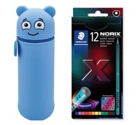 MARKY Trousse à Crayons au Design Emoji en Bleu, Silicone Souple et résistant, y Compris 12 Crayons de Couleur STAEDTLER NORIX 186, Forme Unique, Made Form Upcycled Wood
