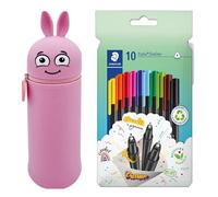 MARKY Trousse à Crayons au Design Emoji en Rose, Silicone Souple et résistant, INCL. 10 STAEDTLER triplus Fineliner 334, Triangulaire, Pointe Superfine, env. 0.3 mm, en 97% recyclé