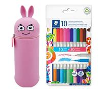 MARKY Trousse à Crayons au Design Emoji en Rose, Silicone Souple et résistant, y Compris 10 feutres STAEDTLER Twin Color, Deux Pointes avec Deux Couleurs, Largeur de Ligne 3 mm et 1 mm