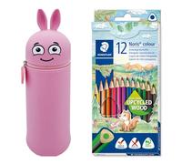MARKY Trousse à Crayons au Design Emoji en Rose, Silicone Souple et résistant, y Compris 12 Crayons de Couleur STAEDTLER Noris Colour 187, Format Triangulaire Ergonomique, Made Form Upcycled Wood
