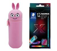 MARKY Trousse à Crayons au Design Emoji en Rose, Silicone Souple et résistant, y Compris 12 Crayons de Couleur STAEDTLER NORIX 186, Forme Unique, Made Form Upcycled Wood