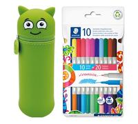 MARKY Trousse à Crayons au Design Emoji en Vert, Silicone Souple et résistant, y Compris 10 feutres Doubles STAEDTLER Twin Color, Deux Pointes avec Deux Couleurs, Largeur de Ligne 3 mm et 1 mm