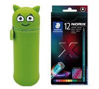 MARKY Trousse à Crayons au Design Emoji en Vert, Silicone Souple et résistant, y Compris 12 Crayons de Couleur STAEDTLER NORIX 186, Forme Unique, Made Form Upcycled Wood