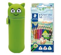 MARKY Trousse à Crayons au Design Emoji en Vert, Silicone Souple et résistant, y Compris 12 Crayons de Couleur STAEDTLER Noris Colour 187, Format Triangulaire Ergonomique, Made Form Upcycled Wood