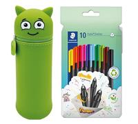 MARKY Trousse à Crayons en Design Emoji en Vert, Silicone Souple et résistant, INCL. 10 STAEDTLER triplus Fineliner 334, Triangulaire, Pointe Superfine, env. 0.3 mm, en 97% recyclé