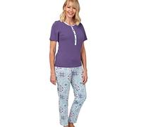 Marlon Anya 100% Cotton Jersey Tile Print & Plain Long Pyjama Ensemble de Pijama, Blue, 10-12 Femme