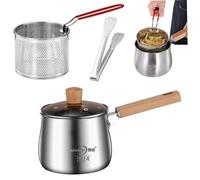 Marmite à friteuse Mini-friteuse en acier inoxydable de 2, 5 L avec panier, couvercle, pince et poignée anti-brûlure japonaise pour la maison, chips tempura, frites, poisson et poulet.