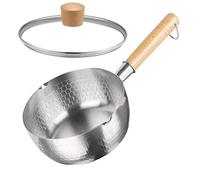Marmite en acier inoxydable, Casserole en acier inoxydable, casserole à lait avec couvercle en verre, manche en bois et égouttoir à huile, marmite japonaise martelée polyvalente(18cm/7in)