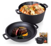 Marmite en Fonte 2 en 1 avec couvercle de poêle, 5L Dual Function Casserole en fonte, Pré-assaisonné Dutch Oven avec recette