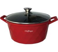 Marmite en fonte d'aluminium avec couvercle en verre Ø32cm, induction, revêtement marbré, poêle rouge