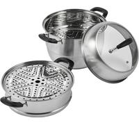 marmite vapeur en acier inoxydable 28cm avec couvercle en verre - 3 étages de cuiseur vapeur - Marmite vapeur à induction - Marmite pour légumes, poisson, soupe, quenelles - 2 inserts pour cuiseur vap