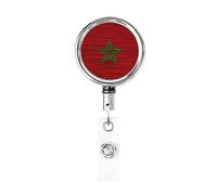 Maroc Texture en bois Drapeau Marocain Porte-badge en métal robuste, porte-badge rétractable avec clip de ceinture pour porte-cartes nominatives Employé Enseignant