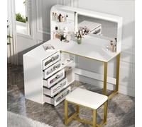 Marooma Coiffeuse d'angle avec Miroir LED et Tabouret Rembourré - 3 Modes d'Éclairage, Vanité de Maquillage Blanche avec 5 Tiroirs et Rangement Spacieux, pour Chambre à Coucher, Salon