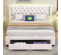 Marooma Lit capitonné avec 2 tiroirs, 180 x 200 cm, lit double moderne, avec charge USB et éclairage LED, sommier à lattes, en velours, sans matelas, beige (180 x 200 cm)