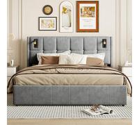 Marooma Lit double avec espace de rangement, hydraulique, 160 x 200 cm, avec sommier à lattes, rembourré, lampe de lecture, chargement USB, design rivets, tissu en velours, gris, 160 x 200 cm