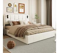 Marooma Lit double avec espace de rangement, hydraulique, avec sommier à lattes, rembourré, lampe de lecture, chargement USB, design rivets, tissu en velours, beige (140 x 200 cm, beige)