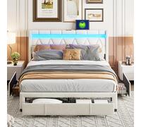 Marooma Lit double LED 140 x 200 cm, avec 4 tiroirs, beige, avec tête de lit en forme de diamant et fonction de charge USB, lit de rangement moderne, pour chambre à coucher, tissu en lin (beige 140 x