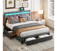 Marooma Lit double LED 140 x 200 cm, avec 4 tiroirs, gris, avec une tête de lit en forme de diamant et fonction de charge USB, lit de rangement moderne, pour chambre à coucher, tissu en lin (gris, 140