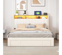 Marooma Lit double rembourré, avec tête de lit de rangement et éclairage LED, lit de rangement, LED, avec fonction de charge USB, 4 tiroirs, sans matelas, en velours, beige, 160 x 200 cm