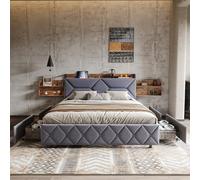 Marooma Lit tiroir 160x200, Table de Chevet avec USB et Rangement caché, lit Coffre avec 4 tiroirs, lit ado avec Rangement, lit Double avec sommier à Lattes, Lin, Gris (160x200cm Gris-B)