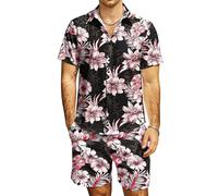 MaroYanYML Chemise à manches courtes pour hommes à imprimé tropical floral palmier et léopard shorts avec poches à cordon ensemble hawaïen 2 pièces tenue décontractée d'été pour la plage