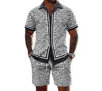 MaroYanYML Chemise à manches courtes pour hommes à imprimé tropical floral palmier et léopard shorts avec poches à cordon ensemble hawaïen 2 pièces tenue décontractée d'été pour la plage