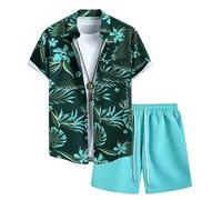 MaroYanYML Ensemble de plage pour hommes hawaïen 2 pièces : chemise à manches courtes avec imprimé feuilles de palmier tropical et short à poches survêtement d'été bohème street