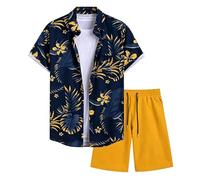 MaroYanYML Ensemble de plage pour hommes hawaïen 2 pièces : chemise à manches courtes avec imprimé feuilles de palmier tropical et short à poches survêtement d'été bohème street