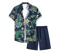 MaroYanYML Ensemble de plage pour hommes hawaïen 2 pièces : chemise à manches courtes avec imprimé feuilles de palmier tropical et short à poches survêtement d'été bohème street