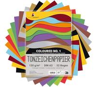 MarpaJansen Lot de 52 feuilles de papier à dessin - 12 couleurs - 1 feuille d'or et 1 feuille argentée - Format A3 - 130 g/m²