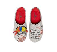 MARPEN SLIPPERS, Chaussons d'hiver Ouverts en Feutre avec Broderie pour Femme, Frida Gris et Rouge, Taille 38
