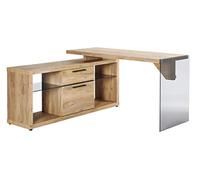 Marque Amazon - Movian Salto - Bureau d'angle, 114,8 x 140 x 74 cm, Finition chêne/verre gris